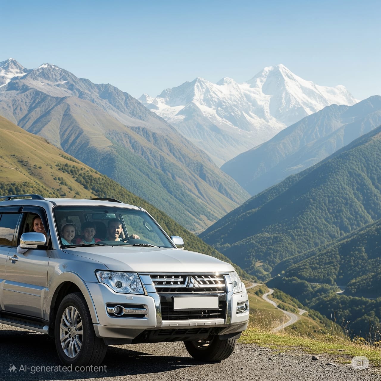 Car sharing Georgia: family with a shared Mitsubishi Pajero in the mountains