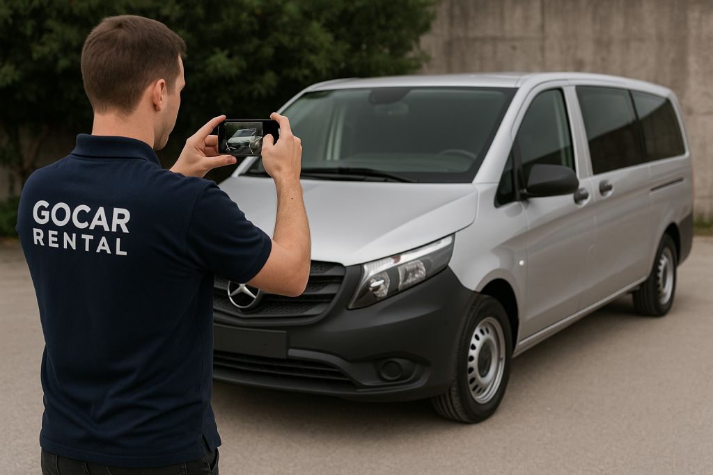 GO Car Rental representative taking real photos of our Mercedes Vito