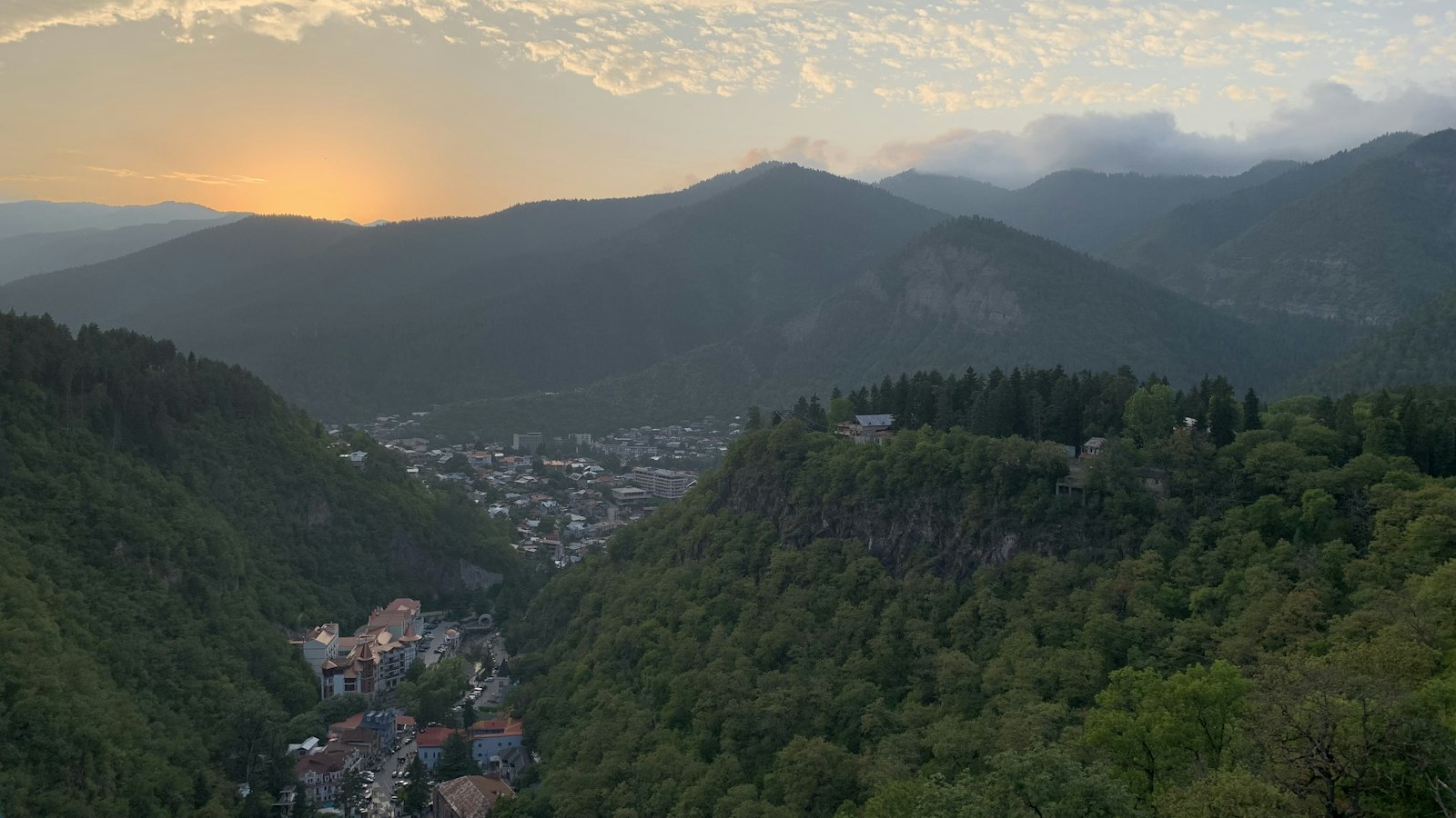 Forested Borjomi valley at sunset