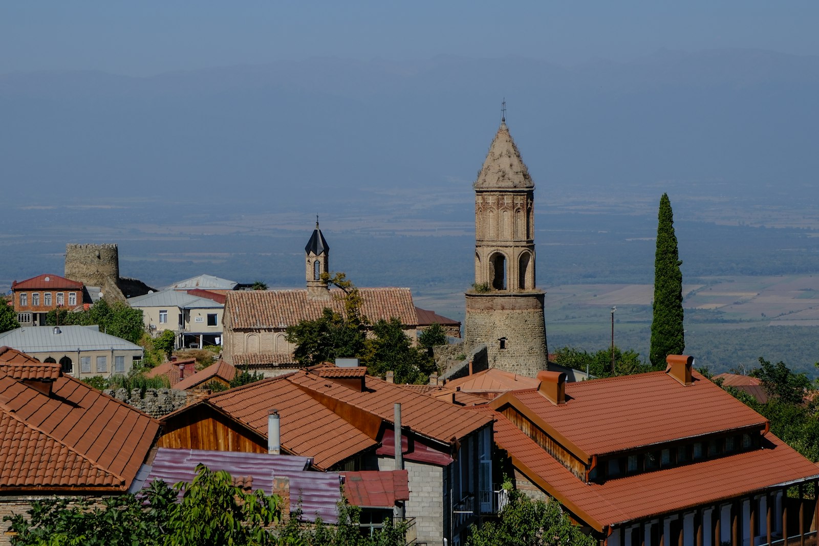 Terracotta rooftops and bell tower of Sighnaghi in Kakheti